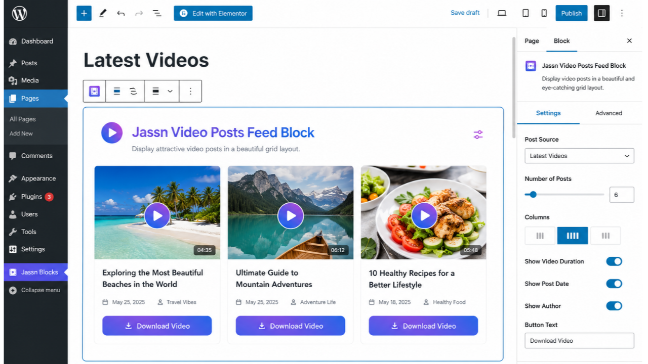 Media library modal filtered to video files.