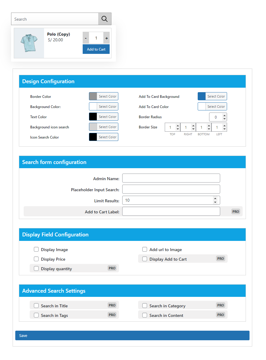 Form to configure options