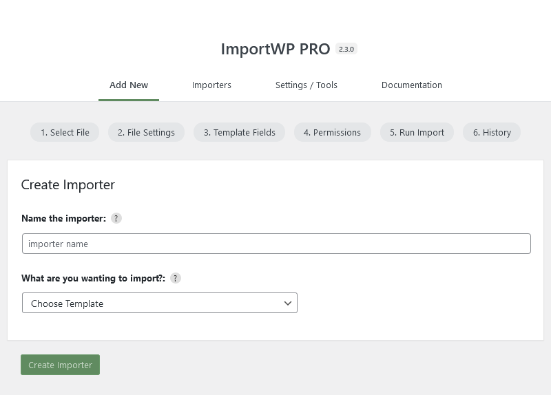 Import WP, New importer screen