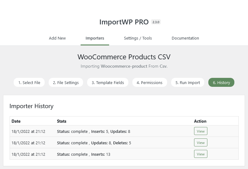 Import WP, Import history page