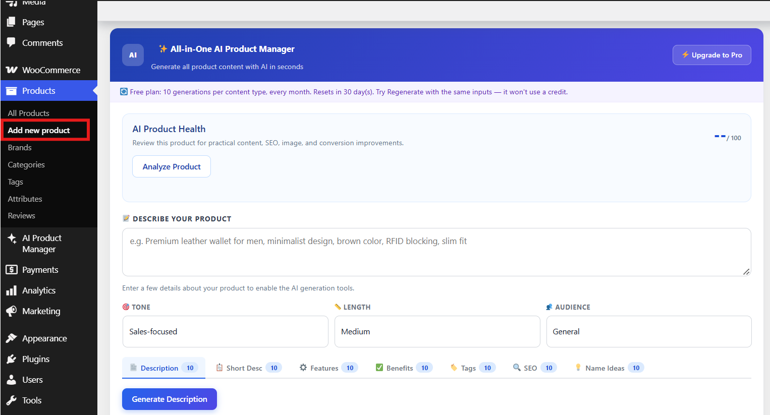 The AI Product Generator panel inside the WooCommerce product editor