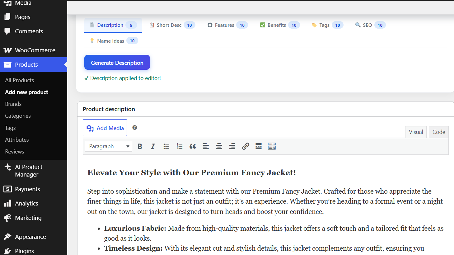 Generate product content with AI and auto-fill it into the editor in one click