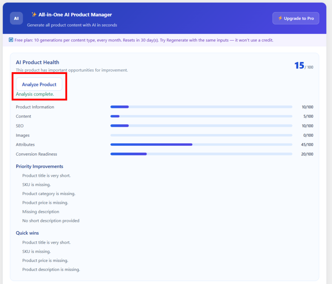 AI Product Health checker inside the WooCommerce product editor