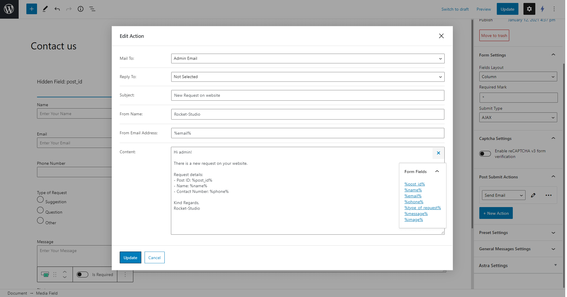 Post-submit Action setup