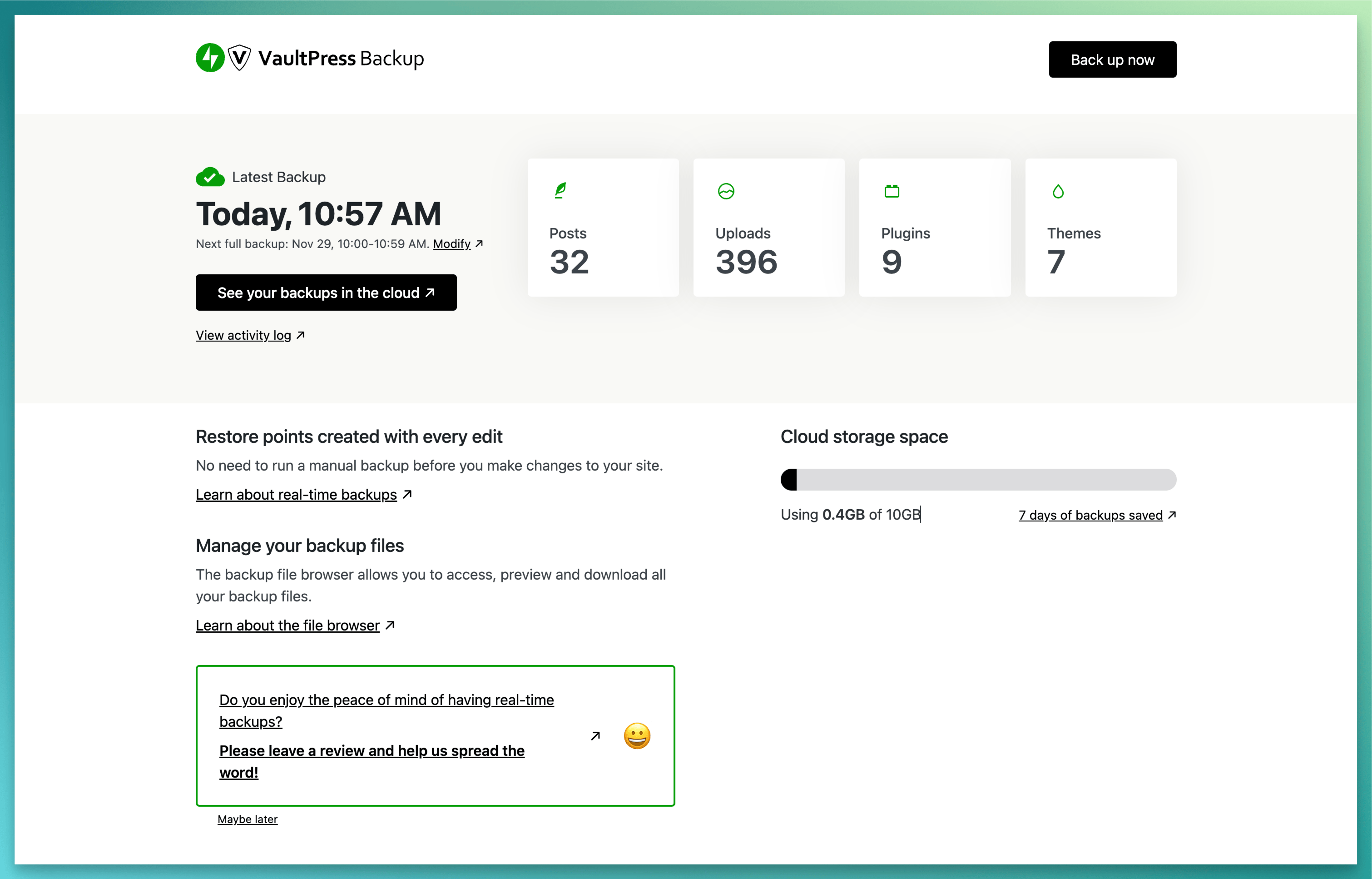 Your site backups are stored in multiple locations on our world-class cloud infrastructure so you can recover them at any moment.