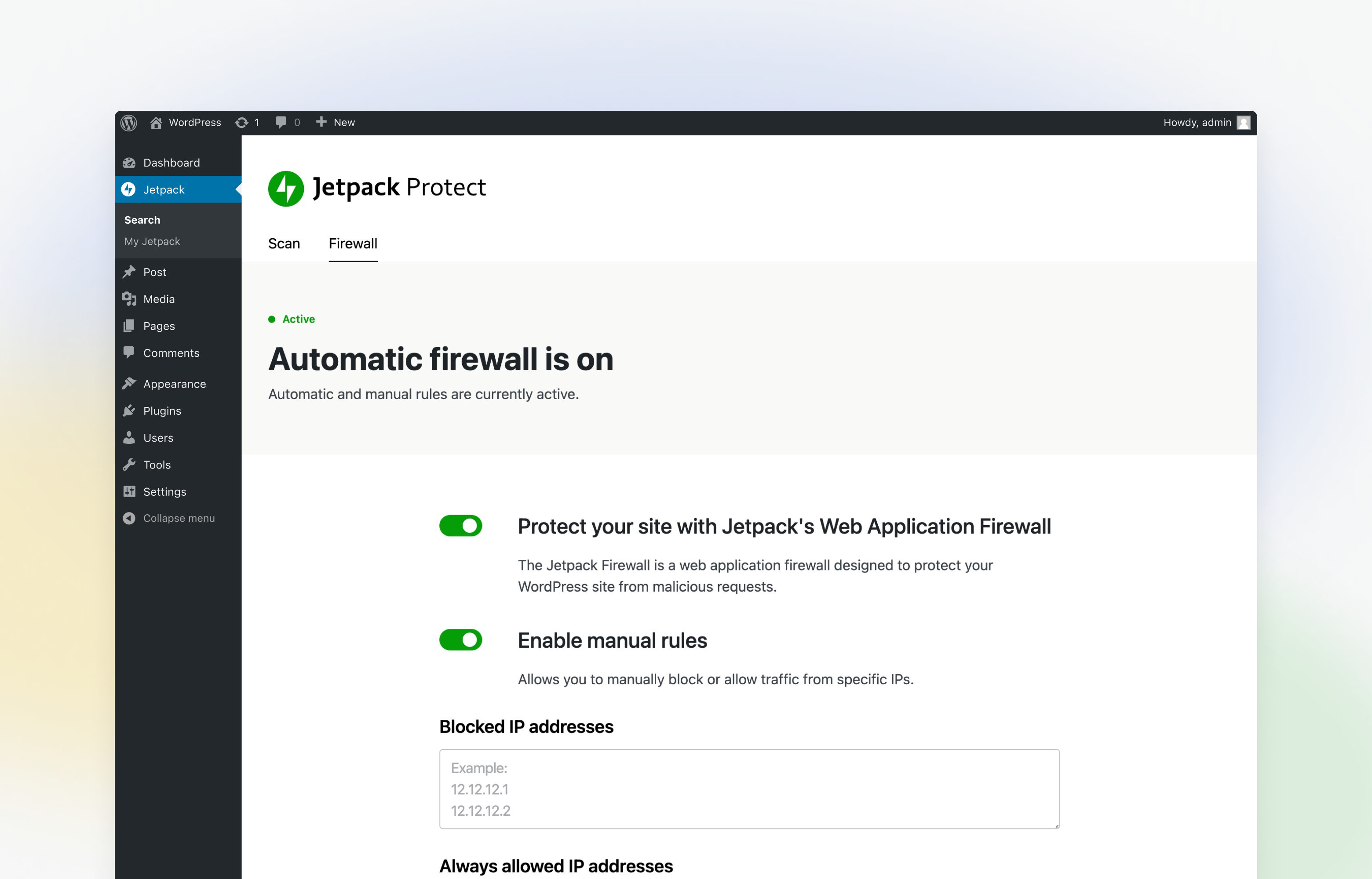 The Jetpack Firewall is a web application firewall (known as WAF) designed to protect your WordPress site from malicious requests.