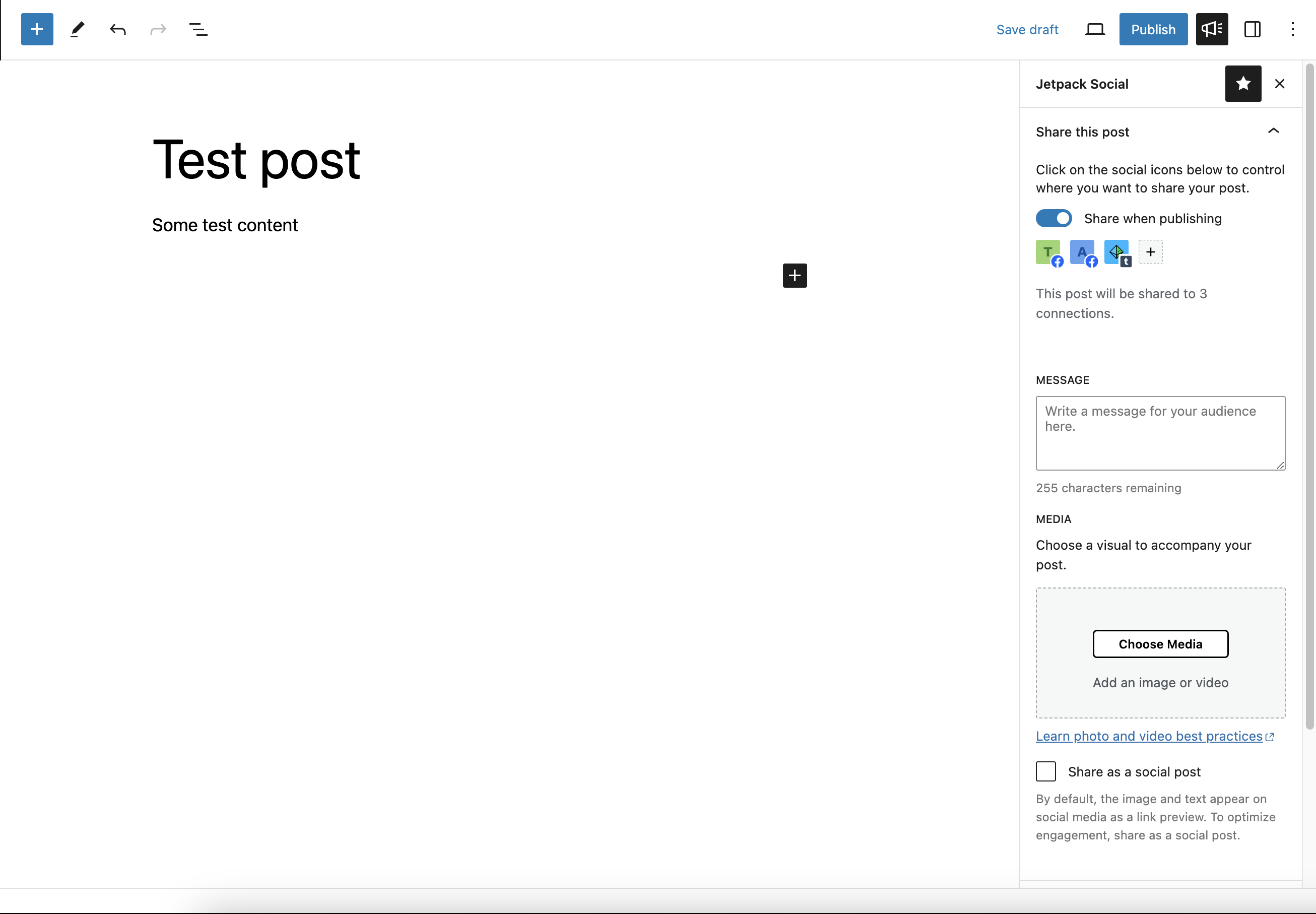 Social media sharing options in the post editor