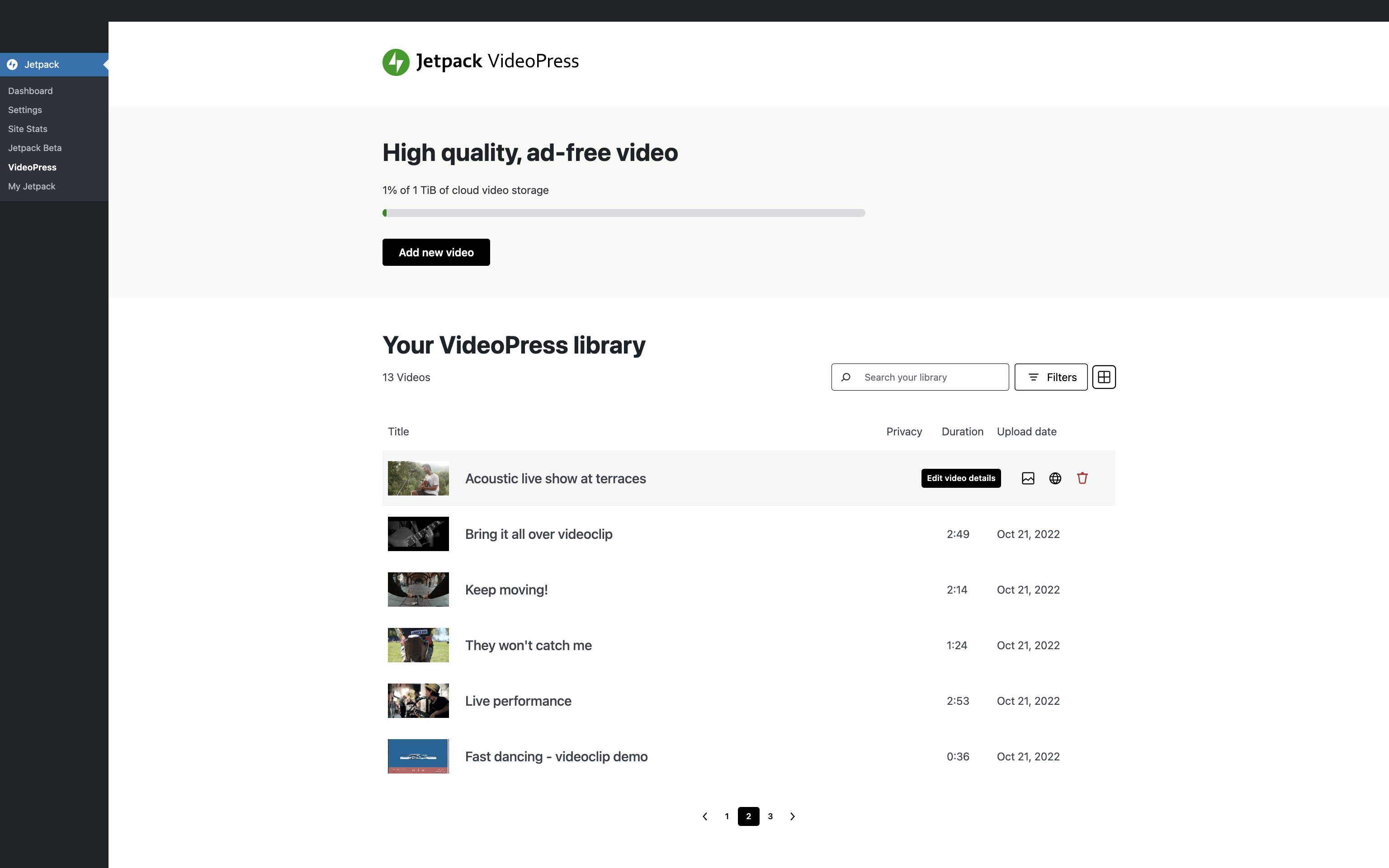 Browse through your videos and edit their details.