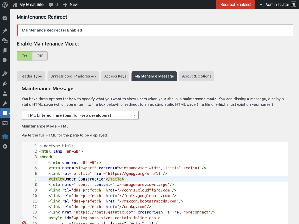 Maintenance Message tab showing HTML