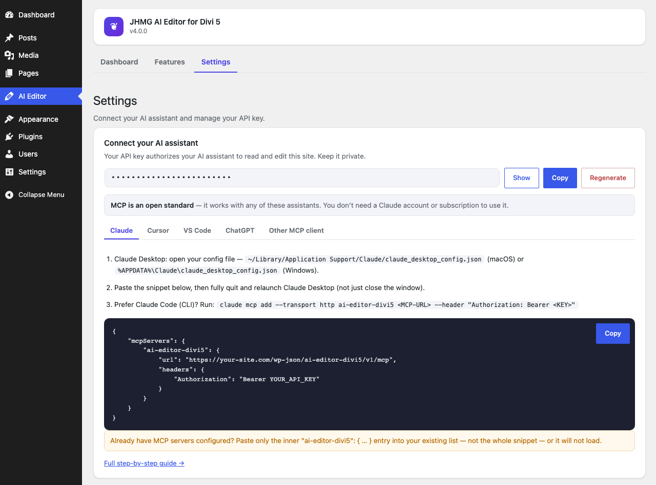 Settings: one API key and a copy-and-paste setup for Claude, Cursor, VS Code, ChatGPT or any MCP client.