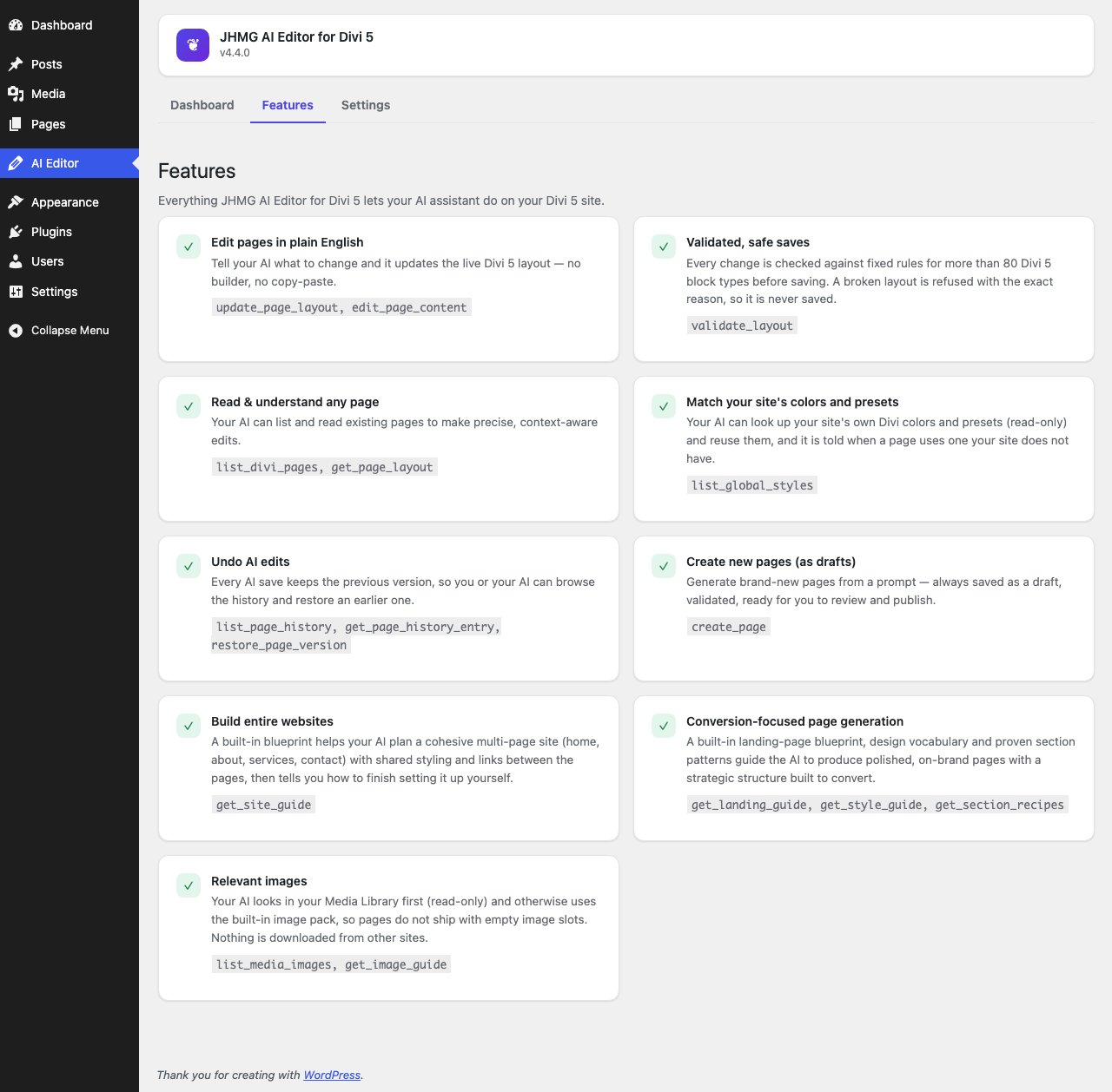 Features: everything your AI assistant can do on your Divi 5 site.