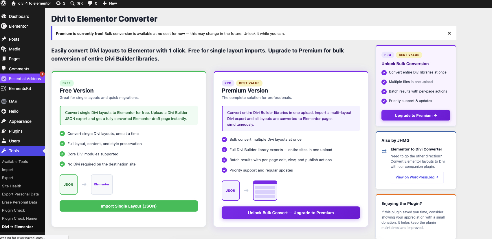 The converter admin page: upload a Divi JSON file and choose your import options.
