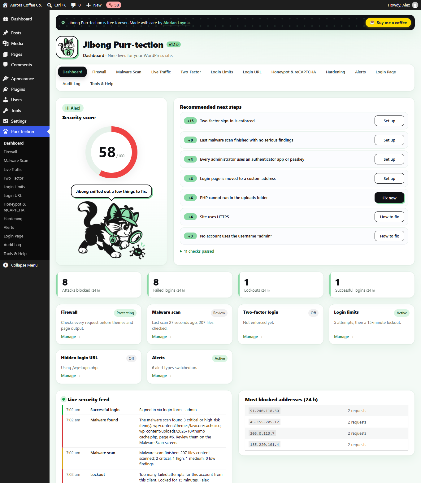 Dashboard: Jibong shows your security score, the next steps with one-click fixes and a live security feed.