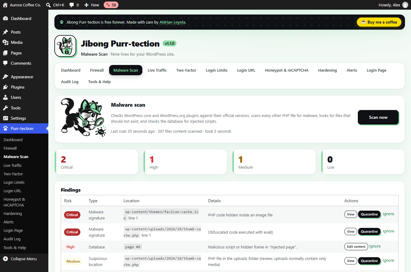 Malware scan results with restore and quarantine.