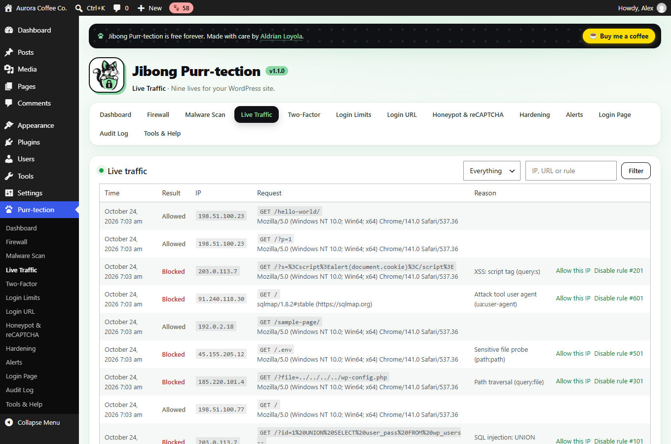Live traffic: real visitors and blocked attacks side by side.