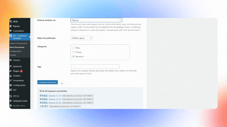 Batch import: 20 files converted, each with its shortcode, also published as pages.