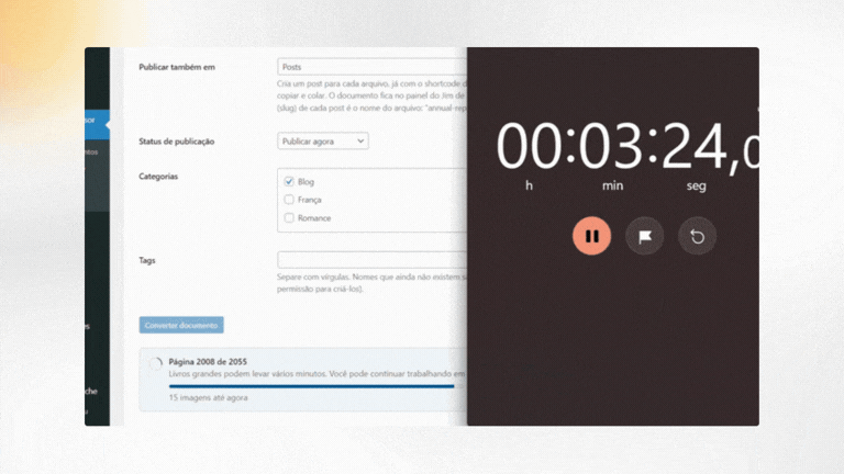 Large PDFs are converted in steps with progress on screen (here, a 2,055-page book).
