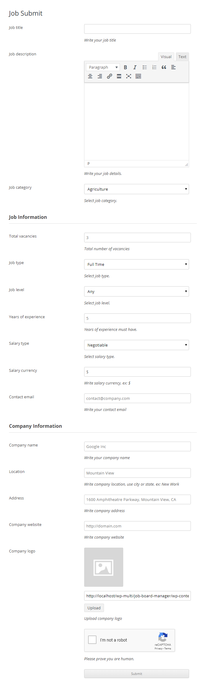 Job Submit Form