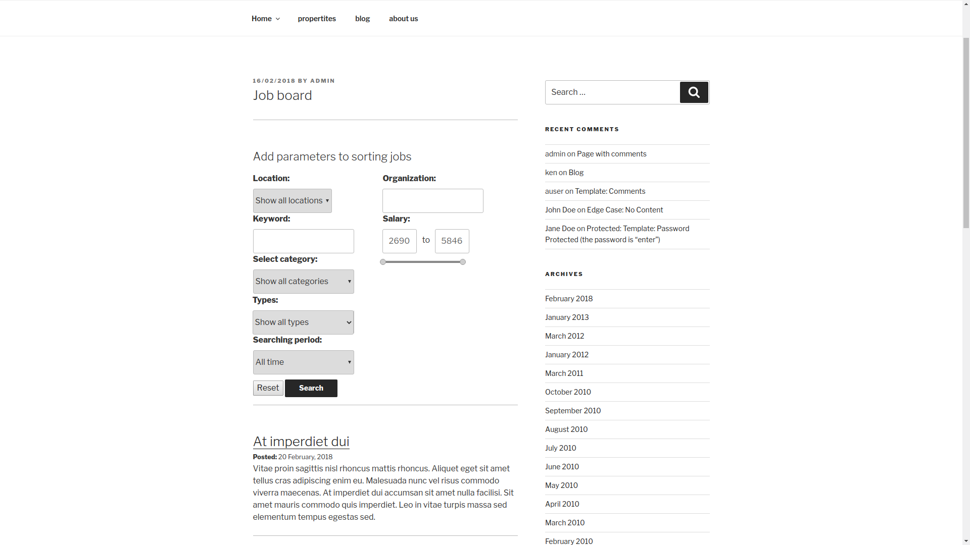 Vacancies page in front-end display with sorting form fields.