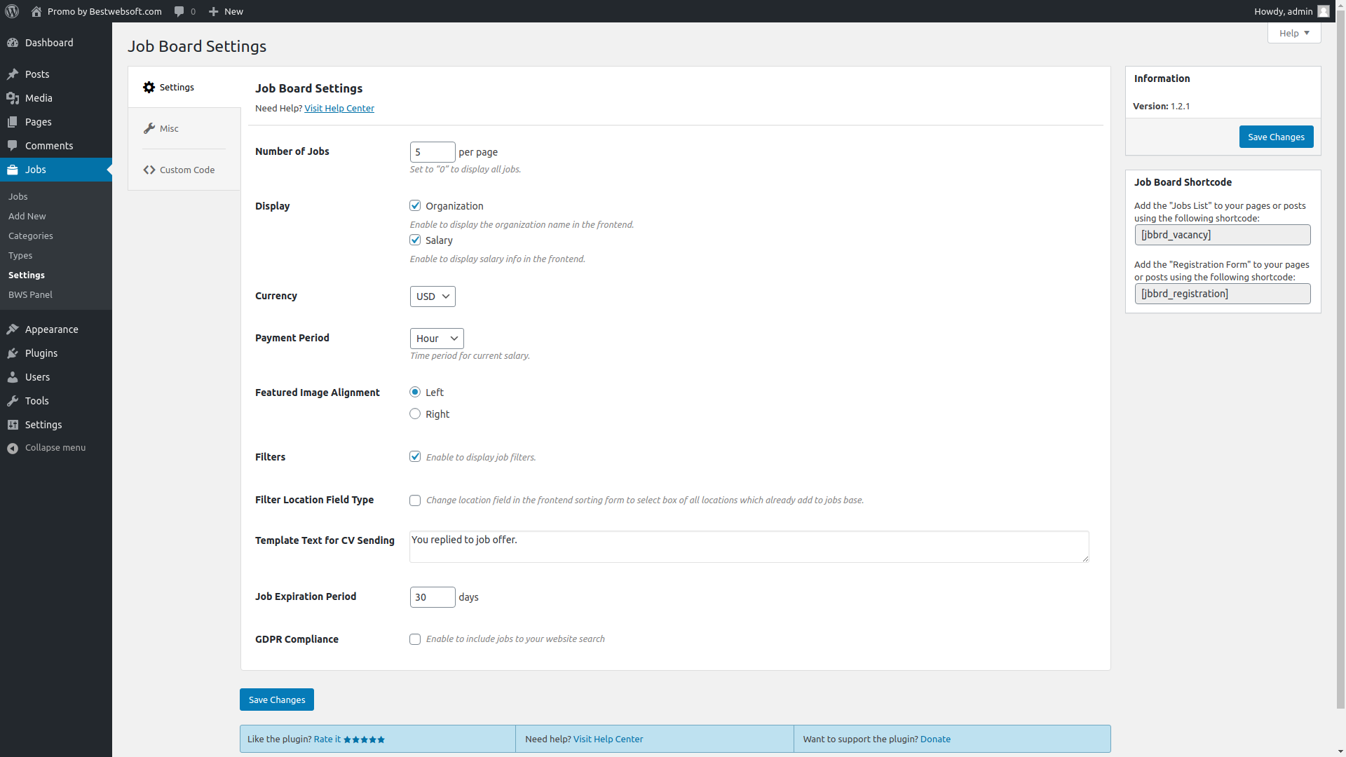 Plugin settings in WordPress admin panel with additional fields.