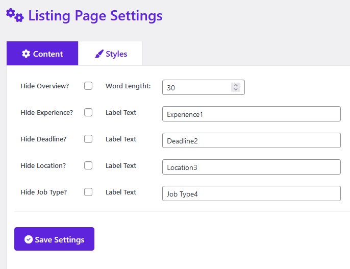 Listing page content settings