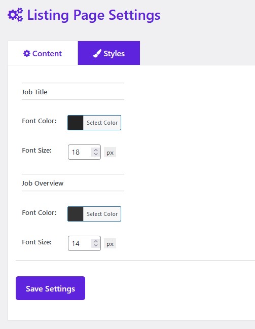 Listing page styles settings