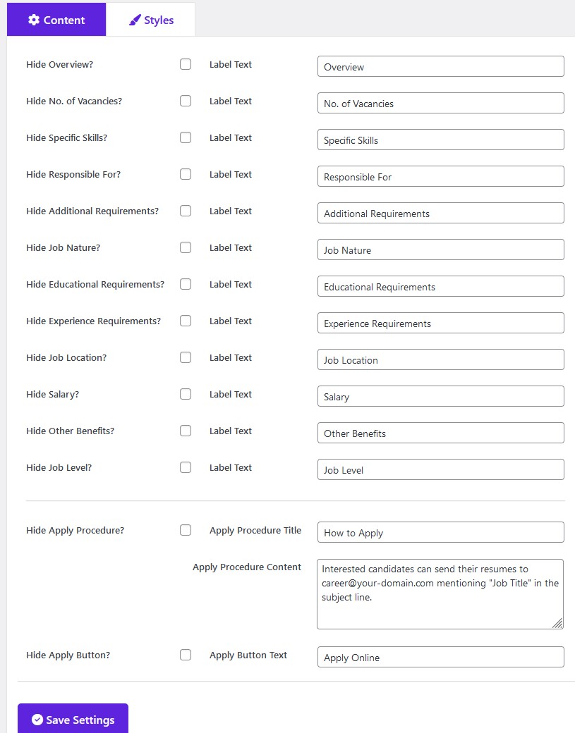 Details page content settings