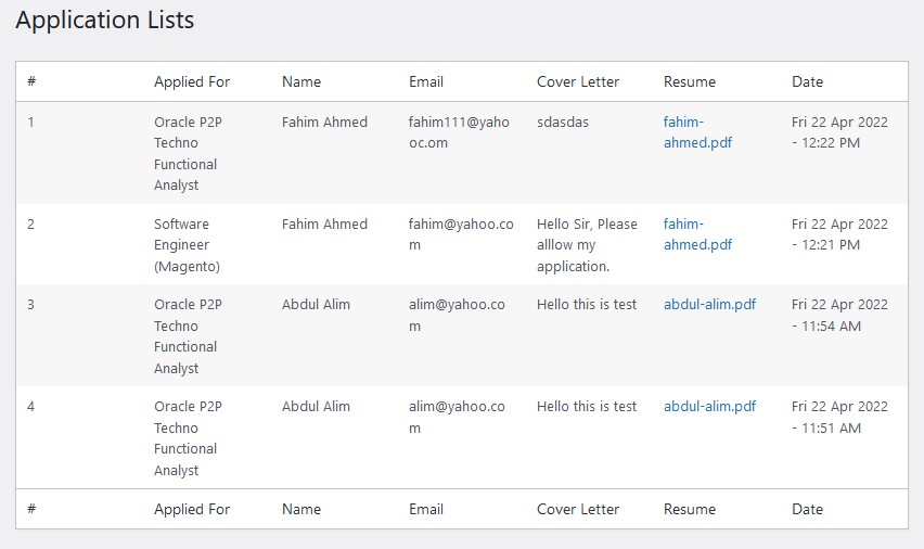 Application list panel in admin