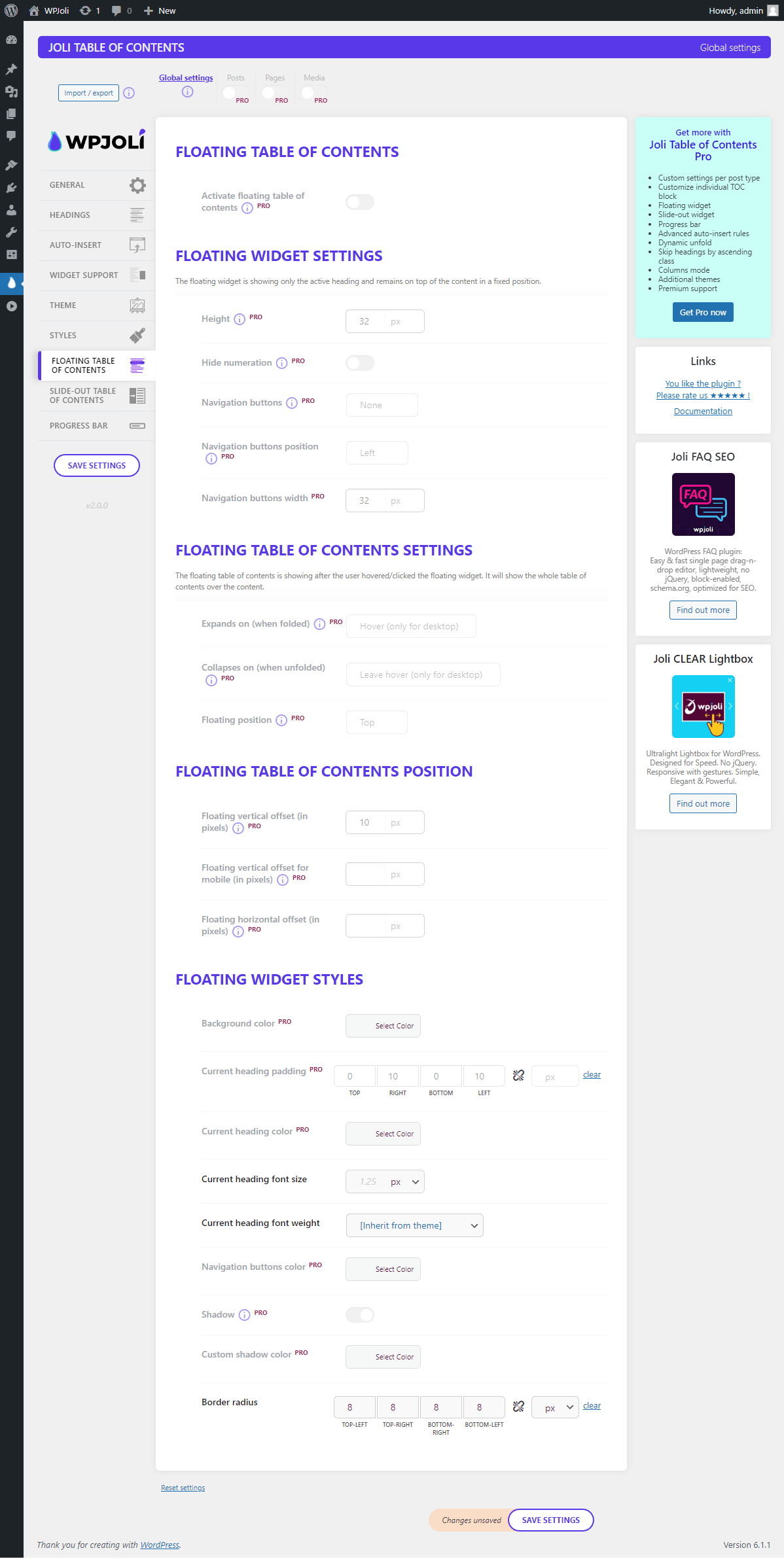 Settings page - FLOATING TABLE OF CONTENTS