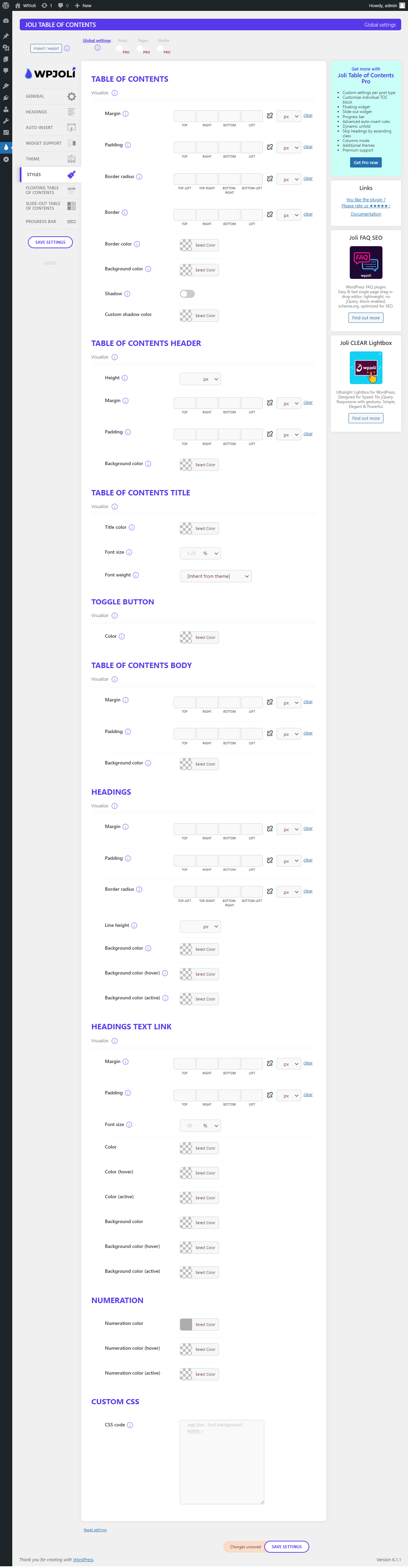 Settings page - STYLES