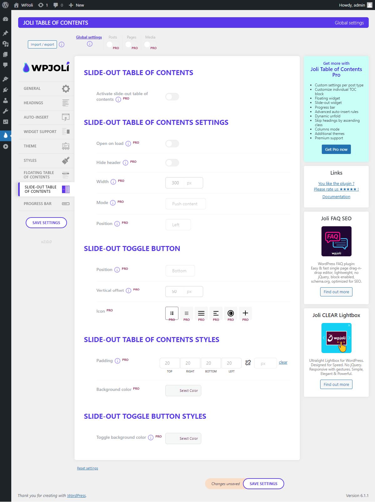 Settings page - SLIDE-OUT TABLE OF CONTENTS