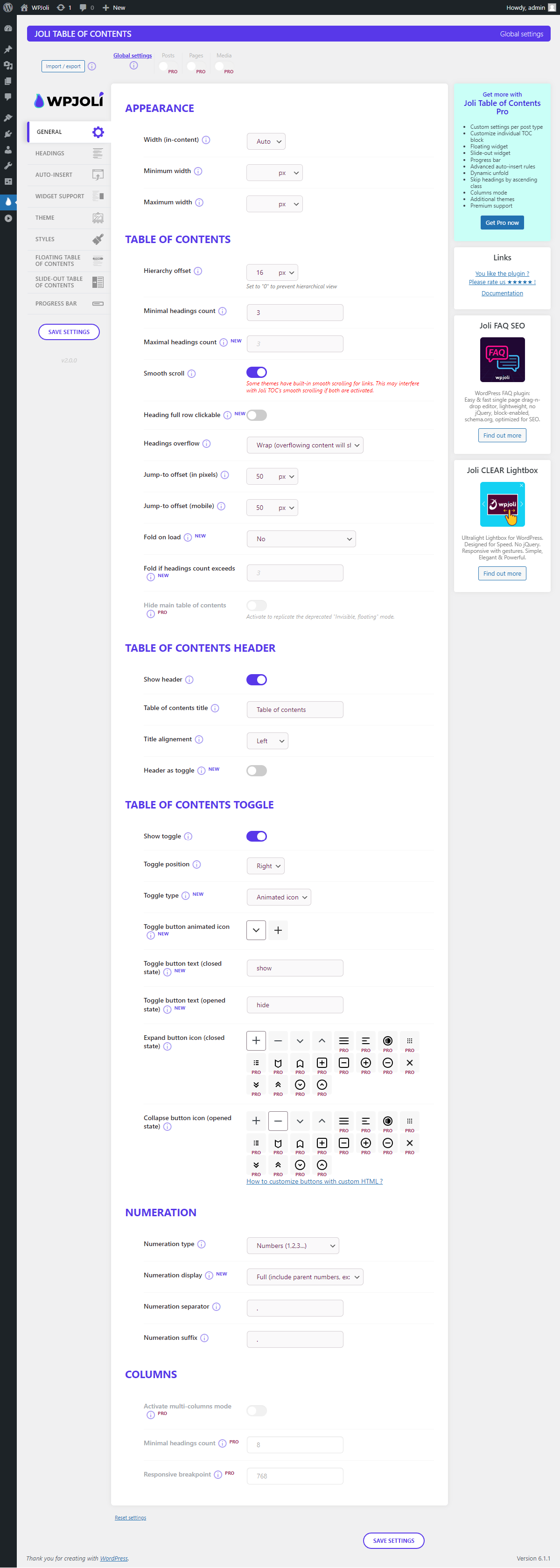 Settings page - GENERAL