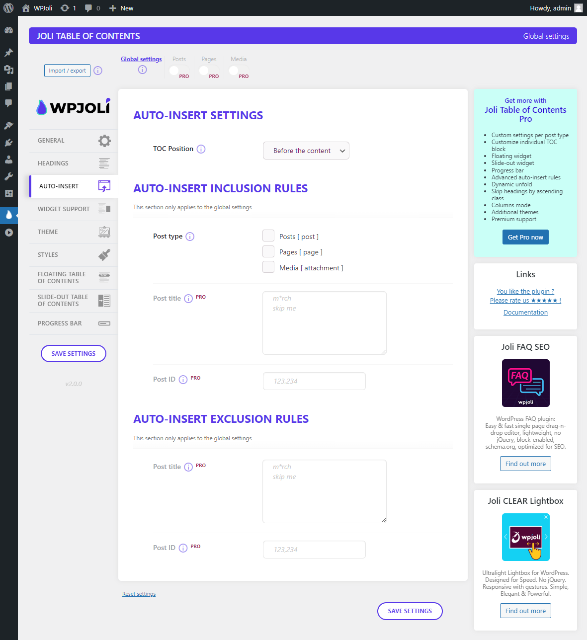 Settings page - AUTO-INSERT