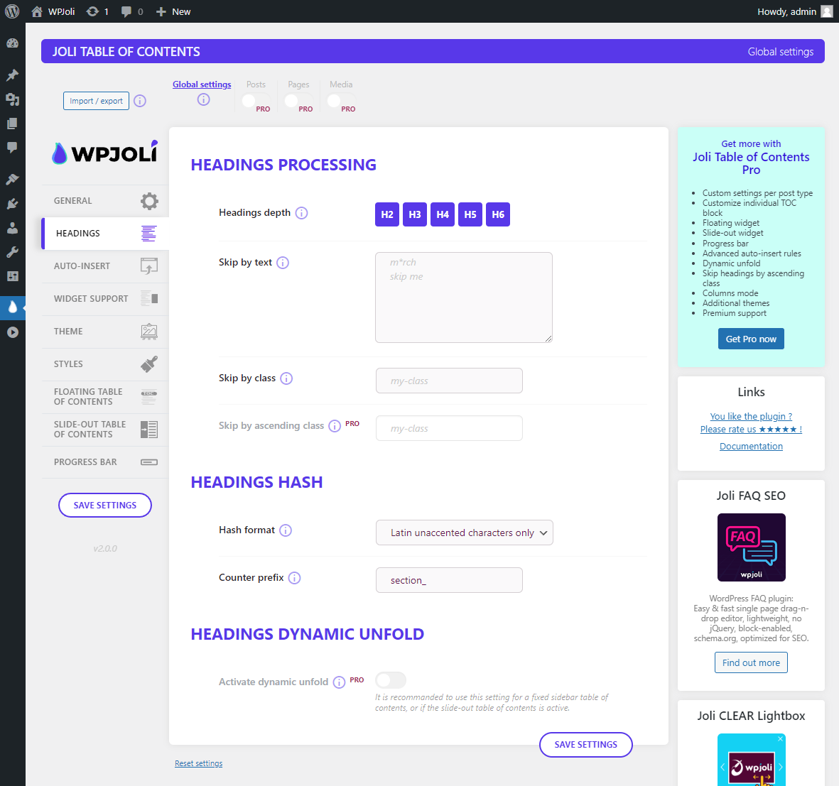 Settings page - HEADINGS