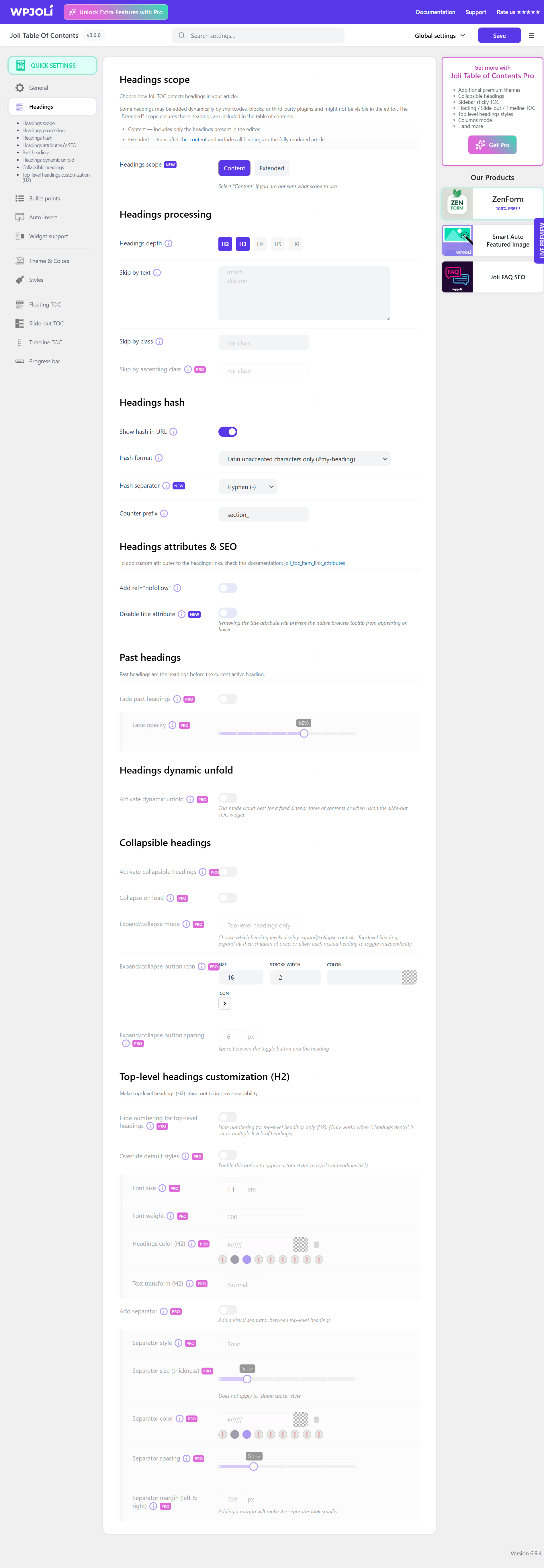 Settings Page — Headings
