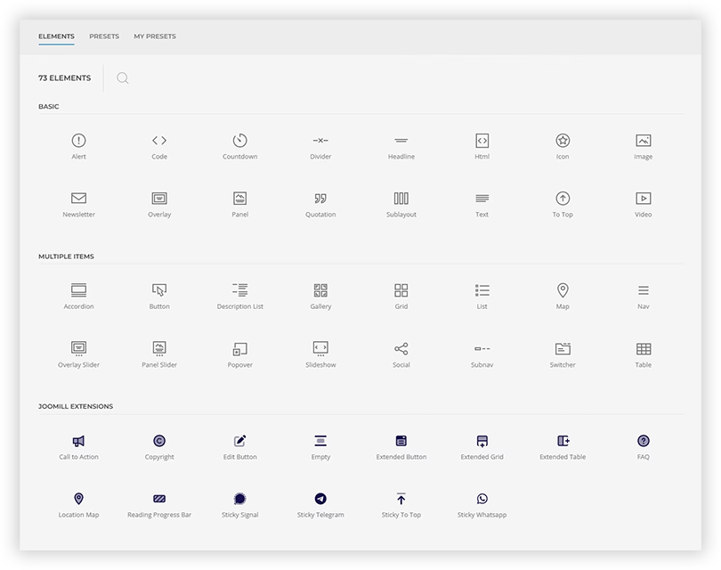 The Joomill Extensions element group in the YOOtheme Pro builder