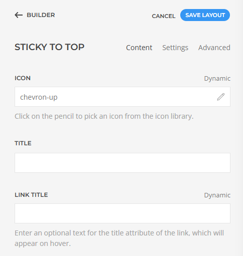 The Sticky To Top element settings in the builder