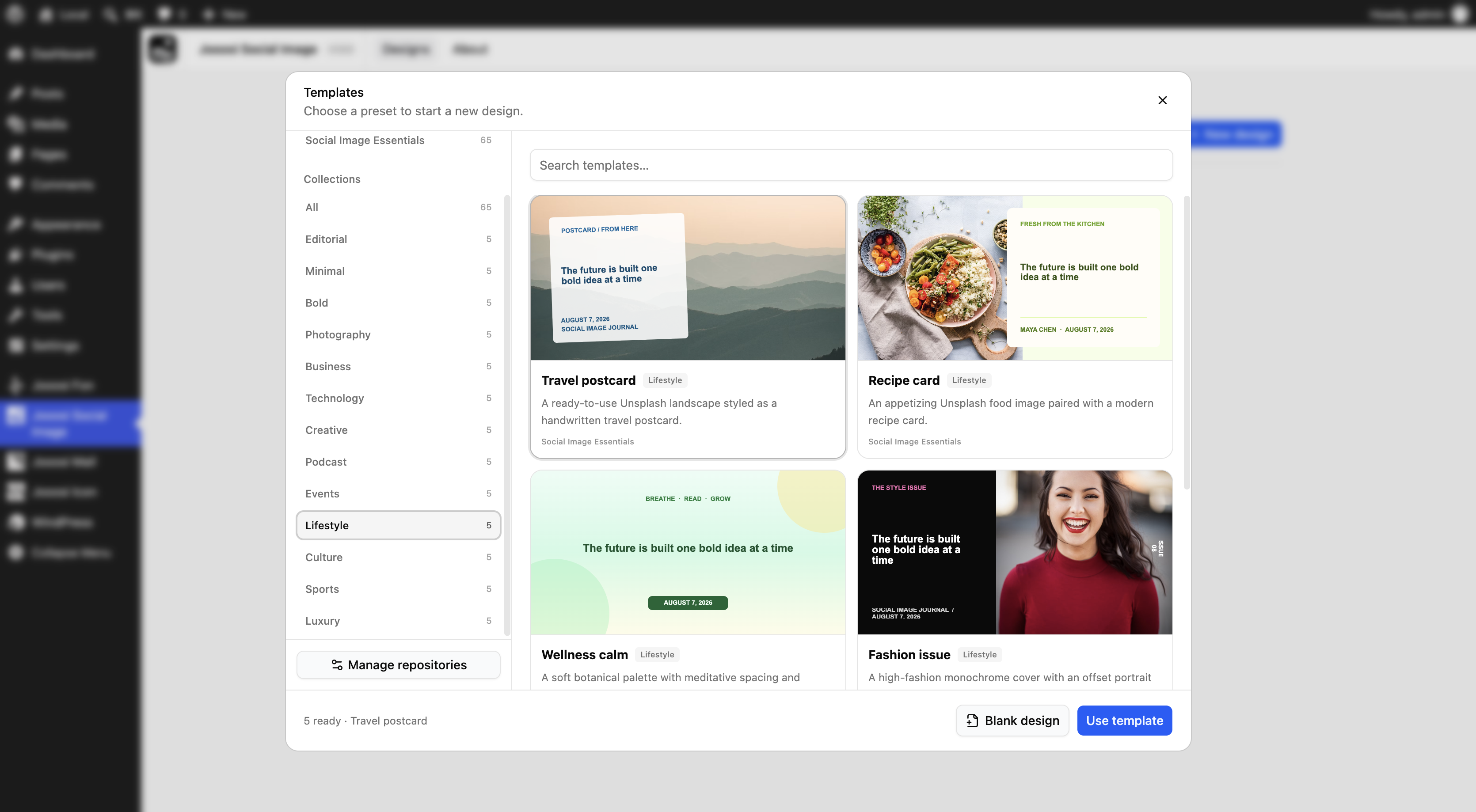 Browse design templates by collection, search presets, and choose a ready-to-use layout.