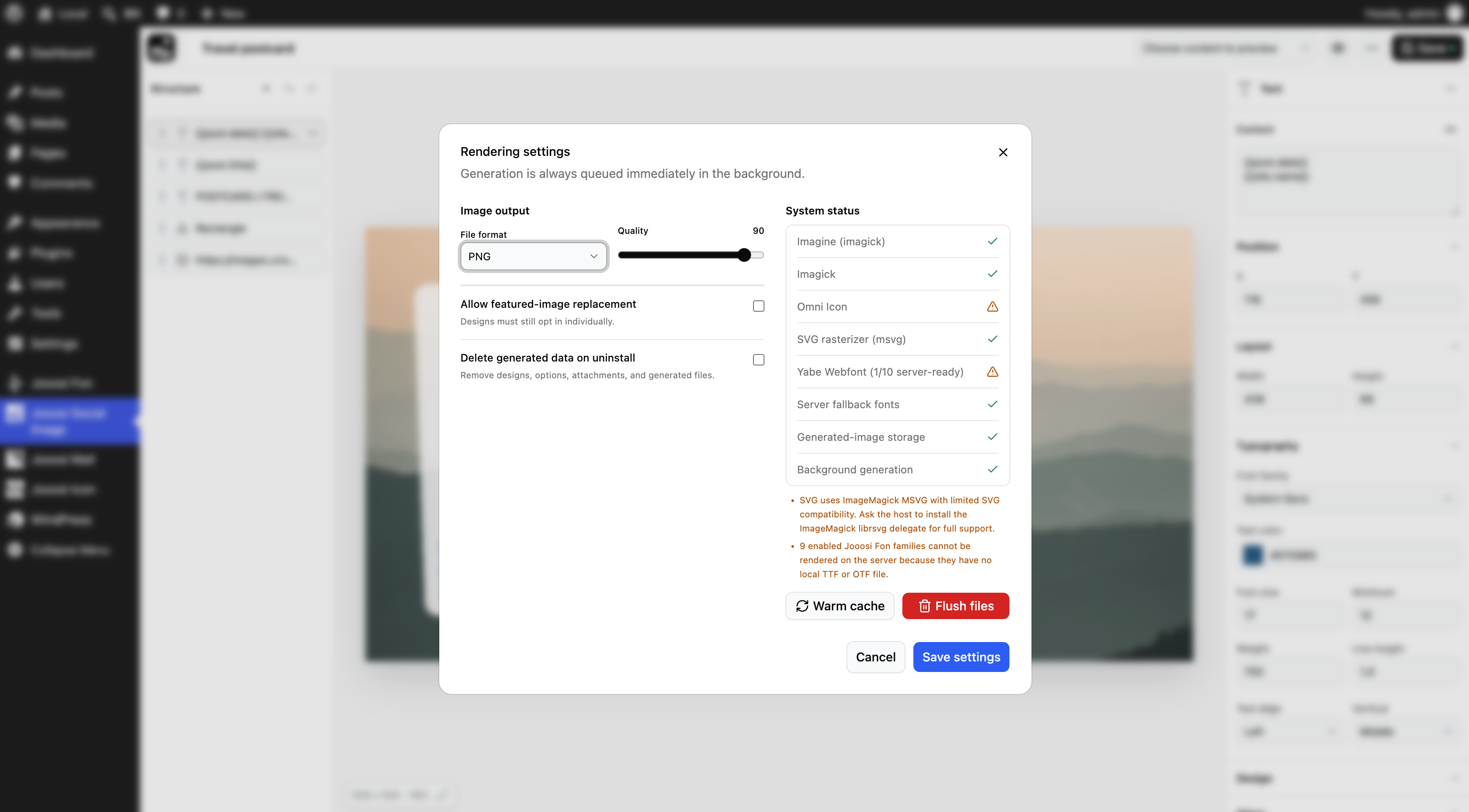 Configure image format and quality, featured-image replacement, uninstall cleanup, and rendering status.