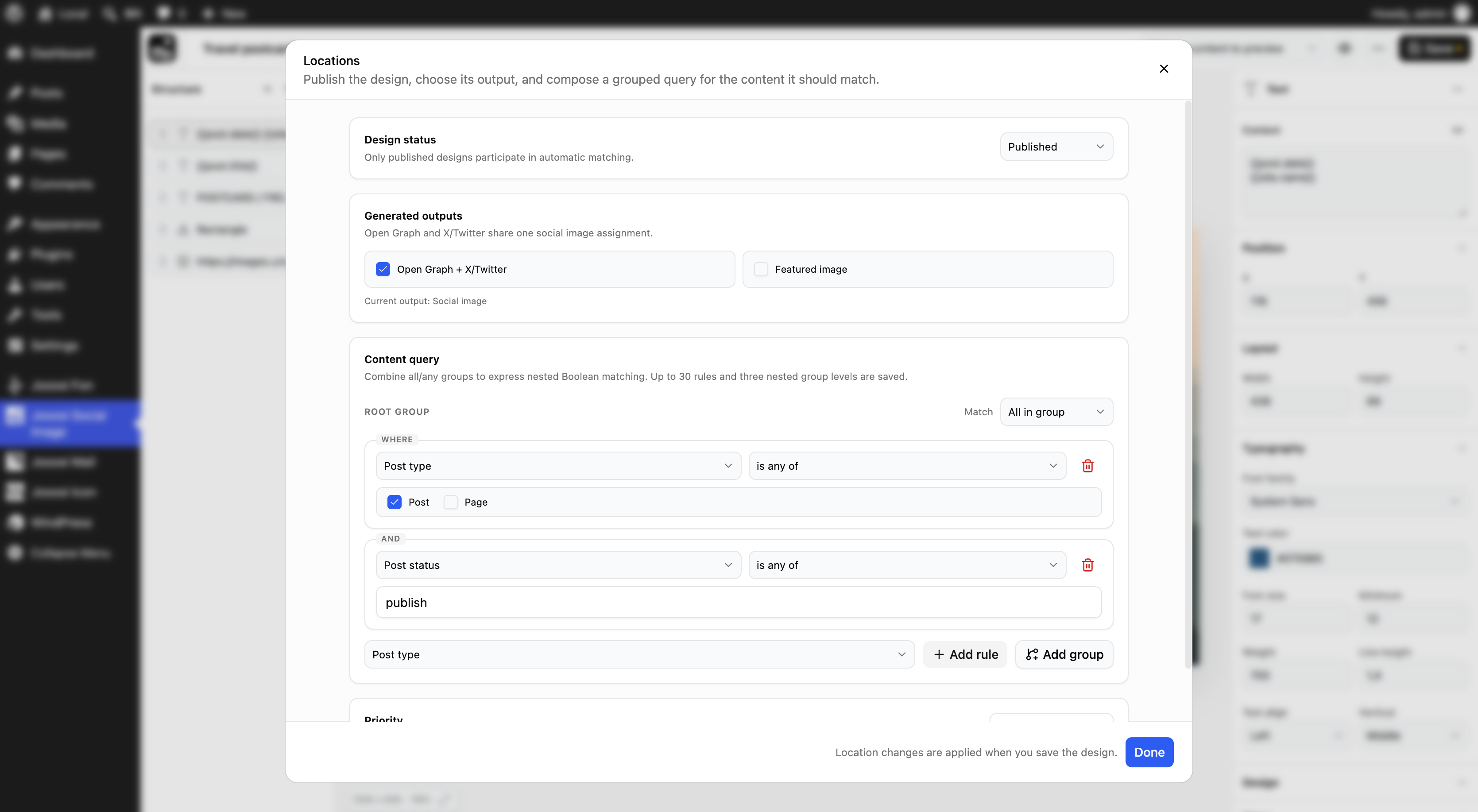 Publish a Design, select generated outputs, and define content rules for automatic matching.