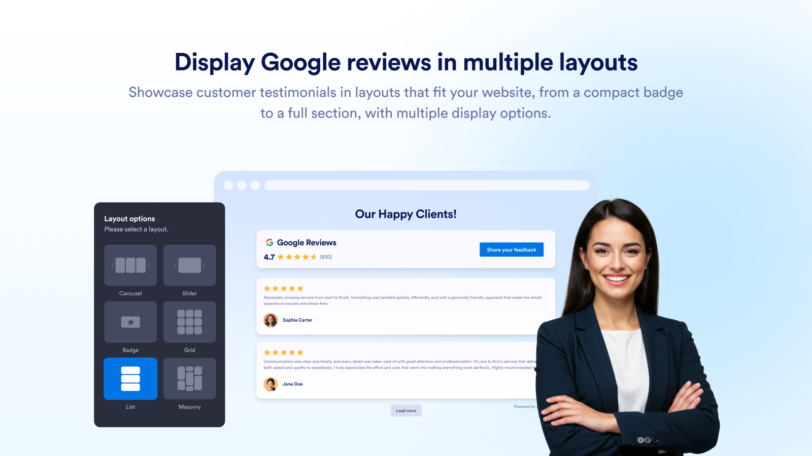 Display Google reviews in multiple layouts