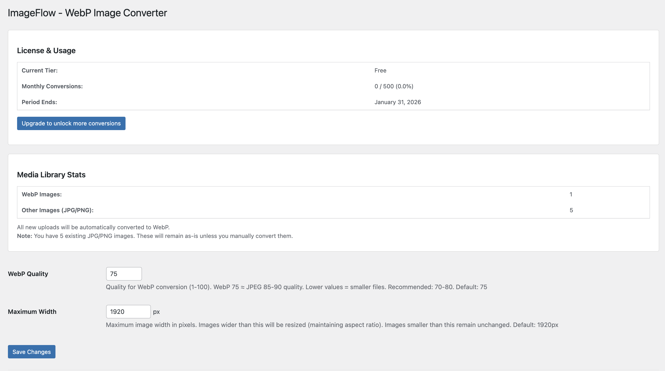 Main settings page with media library stats