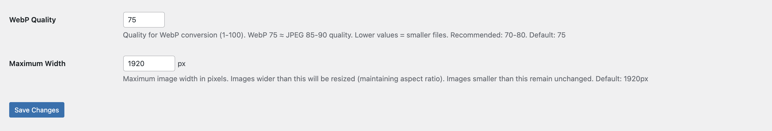 Quality and max width configuration options