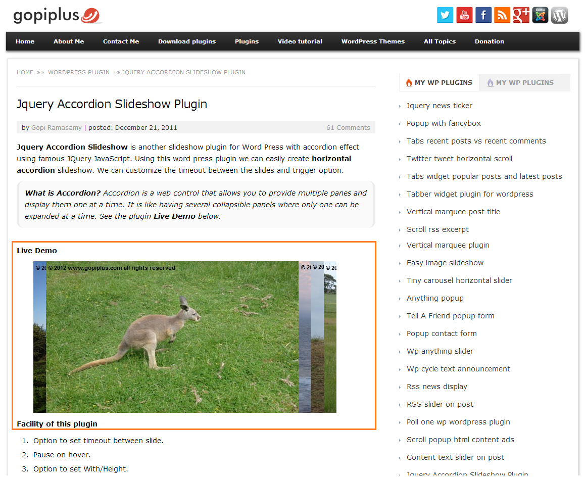 <p>Front end. http://www.gopiplus.com/work/2011/12/21/jquery-accordion-slideshow-wordpress-plugin/</p>
