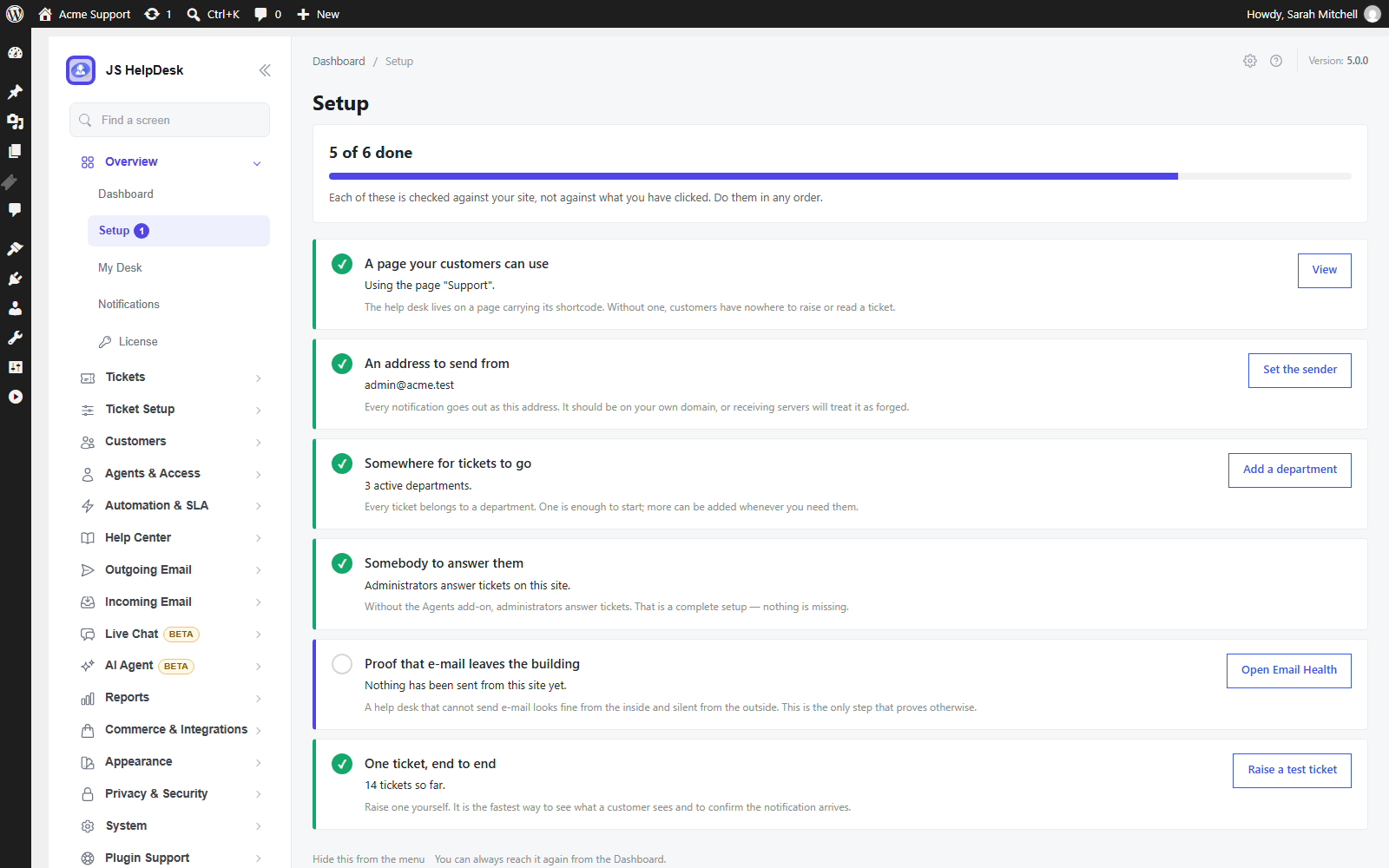 The setup checklist checks your site and tells you what is left to do.