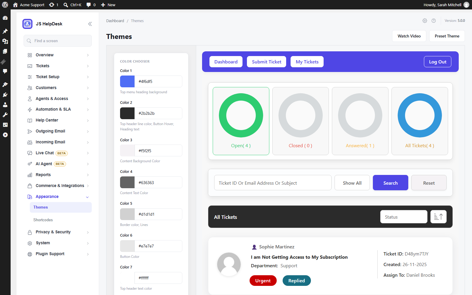 Colour themes for the customer portal.