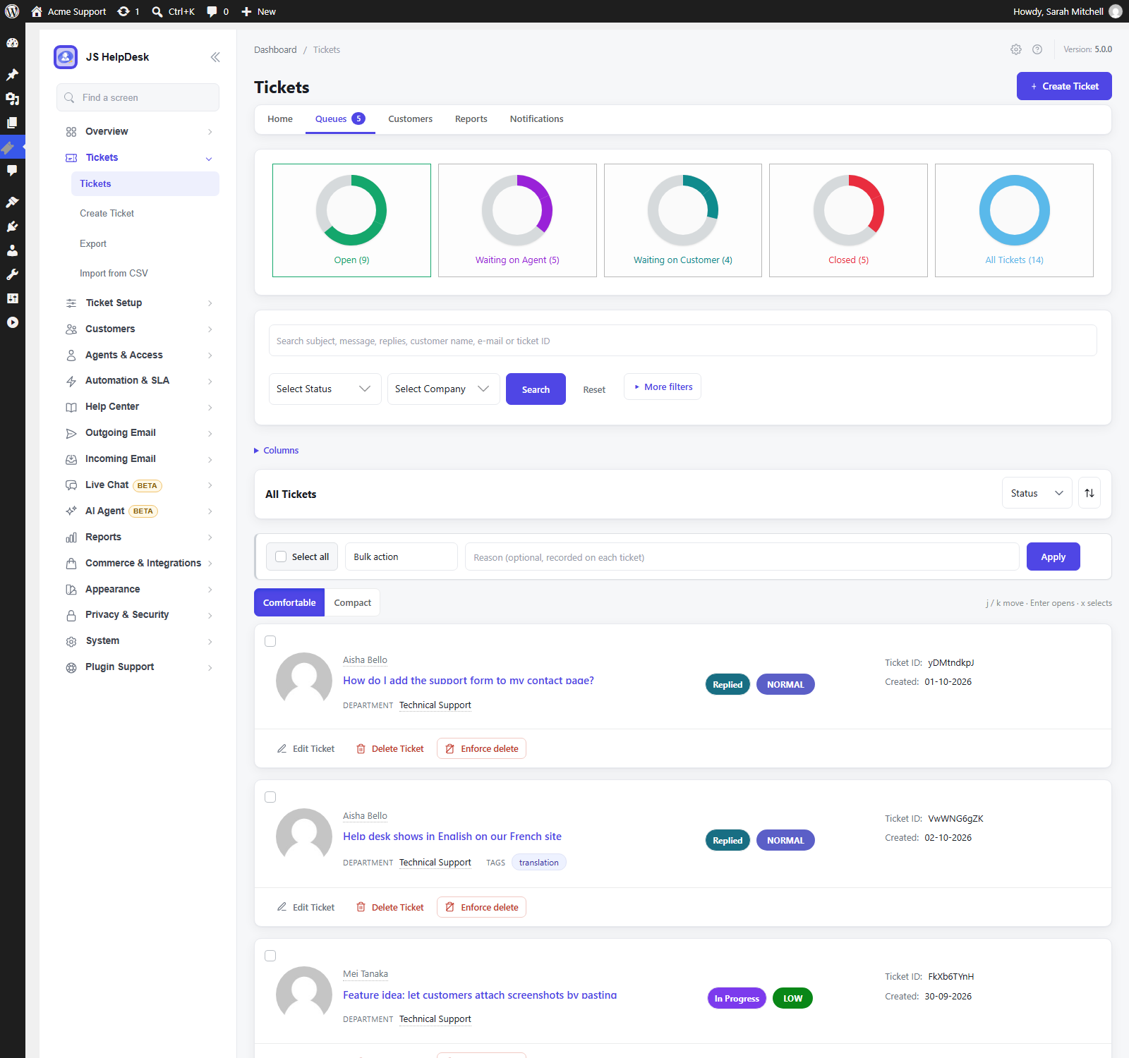 The ticket queue: Open, Waiting on Agent and Waiting on Customer, search, tags and bulk actions.