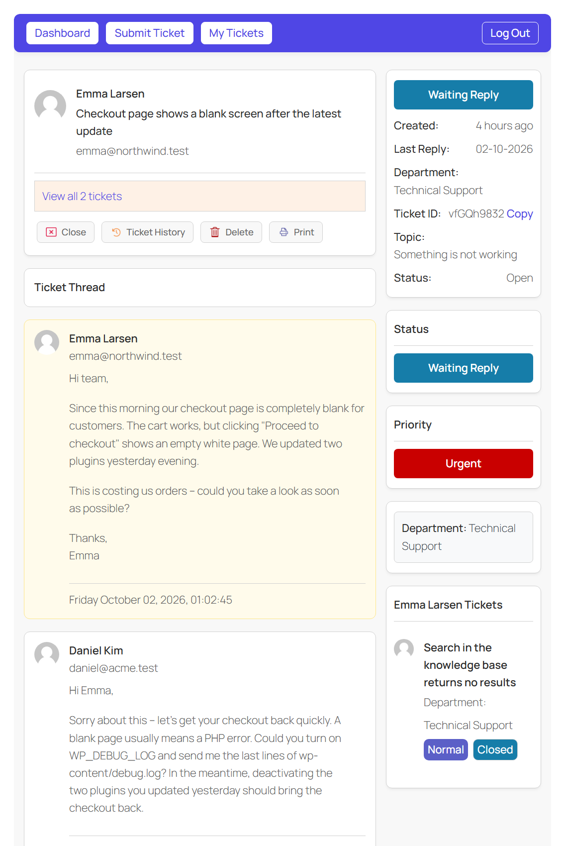Customer portal: the conversation as the customer sees it.