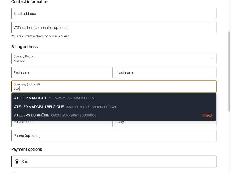 Autocomplete on the checkout: after three letters, matching companies are suggested.