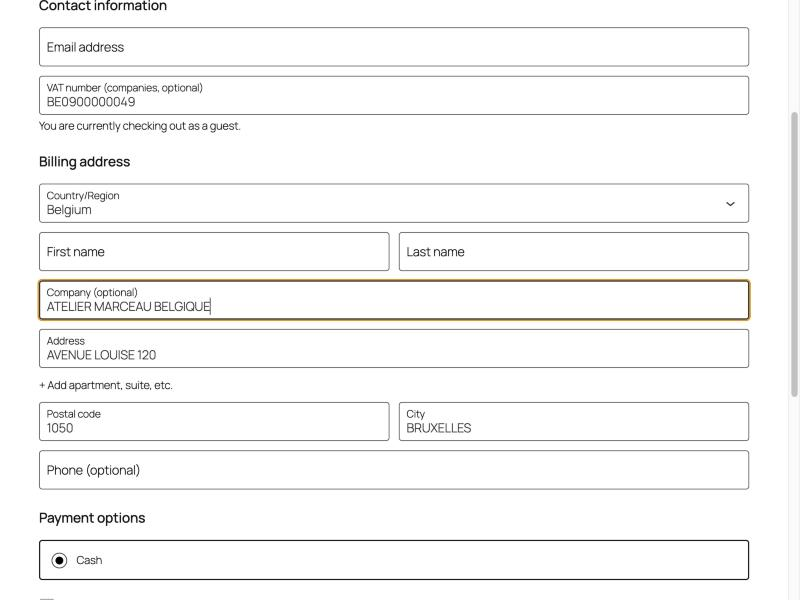 One click fills in the company name, address, postal code, city, country and VAT number.